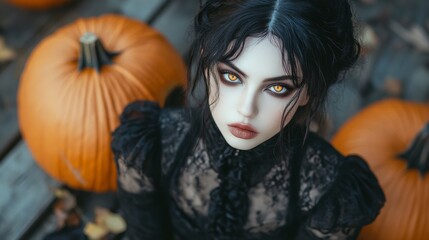 Dark Gothic Halloween Aesthetic with Pumpkins and Mysterious Girl