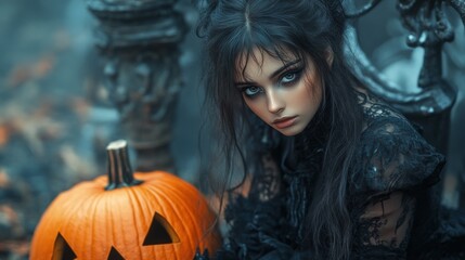 Dark Gothic Halloween Aesthetic with Pumpkins and Mysterious Girl