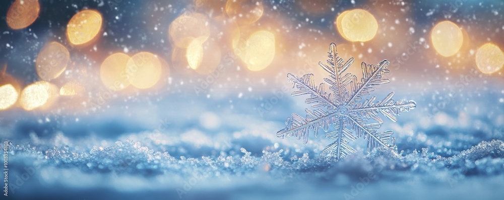 Poster snowflake resting on glittering snow with bokeh