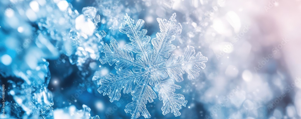 Poster delicate snowflake captured in a stunning close-up, showcasing intricate crystal patterns against a 