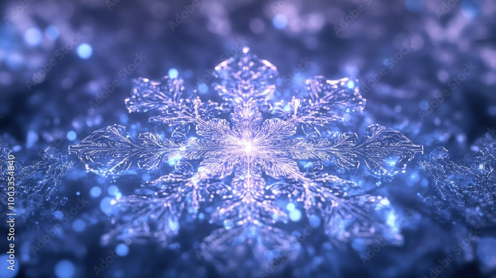 Poster close-up of a beautiful snowflake against a shimmering blue background, highlighting intricate patte