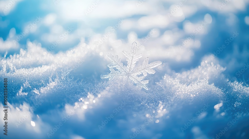 Aufkleber a close-up view of a delicate snowflake resting on a soft blanket of fresh, white snow, capturing th