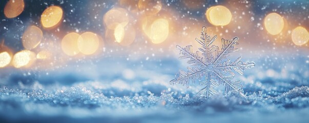 Naklejka premium Snowflake resting on glittering snow with bokeh
