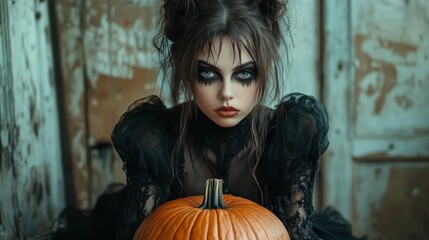 Fototapeta premium Dark Gothic Halloween Aesthetic with Pumpkins and Mysterious Girl