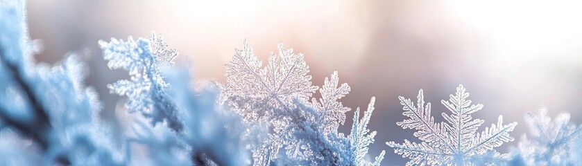 Fototapeta premium Close-up of delicate snowflakes resting on a frosty surface, showcasing intricate patterns and winter's beauty in soft light.