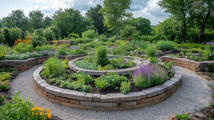A stunning circular herb garden, with individual sections dedicated to medicinal herbs like chamomile and culinary plants such as mint and parsley