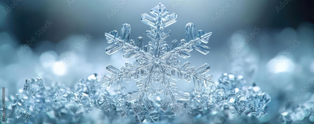 Poster a close-up view of a delicate snowflake resting on a sparkling surface, embodying the beauty of wint