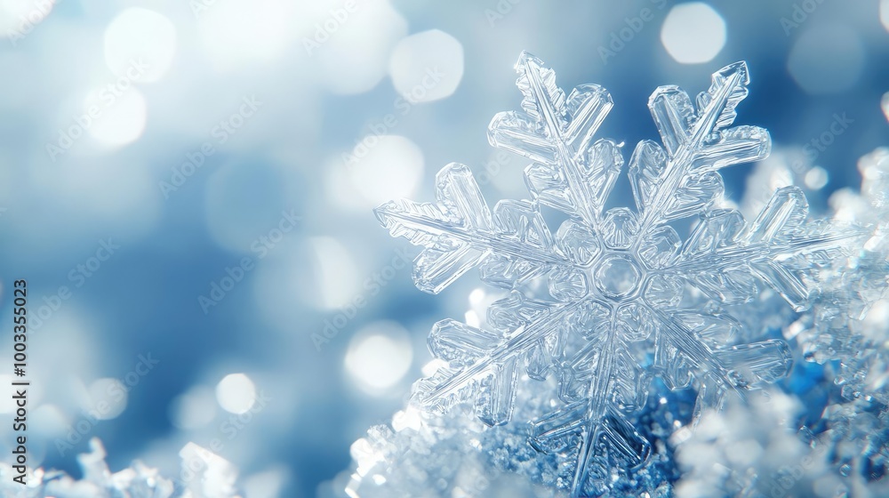 Poster close-up of a delicate snowflake with a shimmering background, showcasing the beautiful intricacies 
