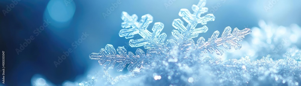 Poster a close-up of a delicate snowflake resting on soft snow, showcasing intricate details and a serene w
