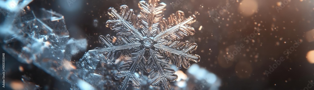 Poster a stunning close-up of a snowflake showcasing its intricate details against a blurred background of 