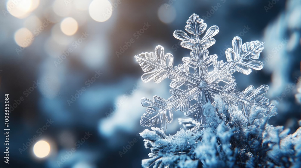 Poster a beautiful close-up of a snowflake resting on soft snow, capturing the intricate details and sparkl