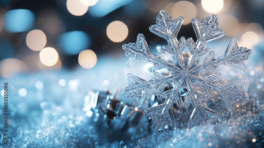Poster a beautiful snowflake resting on shimmering snow, with sparkling bokeh lights in the background, cap