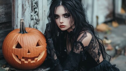Fototapeta premium Dark Gothic Halloween Aesthetic with Pumpkins and Mysterious Girl