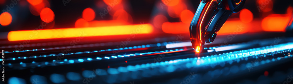 Poster close-up of robotic arm working with illuminated circuits and futuristic lights