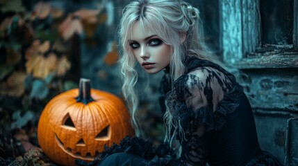 Fototapeta premium Dark Gothic Halloween Aesthetic with Pumpkins and Mysterious Girl