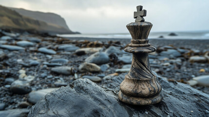Naklejka premium Chess Piece King in rocky beach side