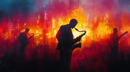 Obraz premium Silhouettes of musicians playing jazz in the city.