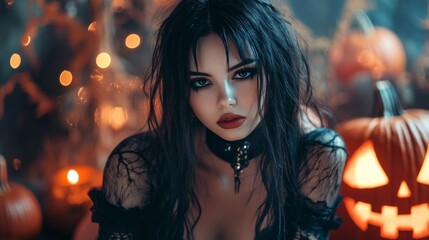 Fototapeta premium Dark Gothic Halloween Aesthetic with Pumpkins and Mysterious Girl