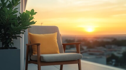 Fototapeta premium A cozy chair with a yellow cushion on a balcony, overlooking a beautiful sunset, creating a serene atmosphere for relaxation.