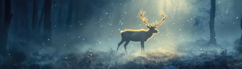Obraz premium A majestic deer stands illuminated in a mystical forest, surrounded by ethereal light and fog, capturing a serene moment in nature.