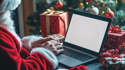 A person in a Santa suit working on a laptop surrounded by Christmas gifts in a cozy holiday setting