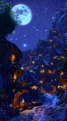 Fototapeta premium Enchanting woodland village at night illuminated by warm lights under the starry sky surrounded by lush trees and natural beauty
