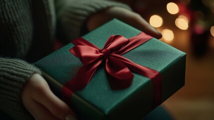 A person carefully wrapping a green Christmas gift with a red ribbon in a cozy holiday setting with...