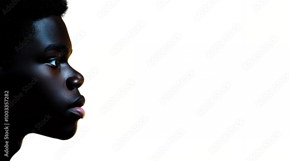 Poster Close up profile of a black woman with dark skin, looking to the right, with a bright background.