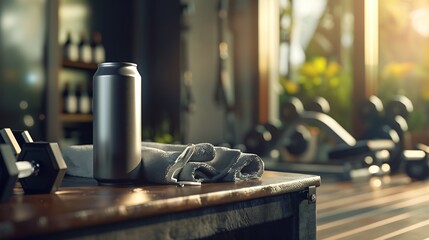 Discover the refreshing energy drink placed on a gym bench surrounded by workout essentials like dumbbells and towels bathed in natural light highlighting a commitment to fitness and health