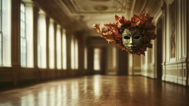 A  ornate mask, adorned with fall leaves, floats in the center of an empty hall, creating a haunting and mysterious atmosphere.