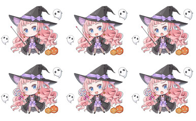 指し棒やロリポップを持つピンクの髪のハロウィンの魔女。日本のアニメのキャラクターようなデフォルメイラスト集