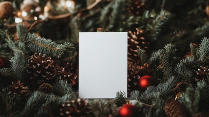 A blank white card placed among pine branches and Christmas decorations during the festive holiday season