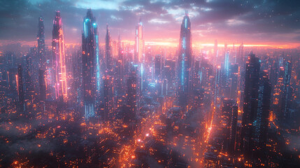 Fototapeta premium A futuristic city skyline with glowing lights.