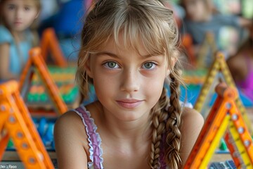 High school student and young girl learn geometry together using a protractor to measure angles