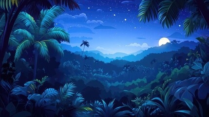 A Moonlit Tropical Jungle Landscape with Silhouetted Palm Trees and Stars