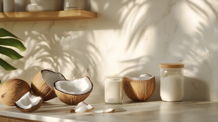 A detailed 3D rendering of various organic coconut products, featuring glossy coconut oil, creamy coconut milk in a stylish container, and chunks of coconut flesh, set against a bright and inviting 