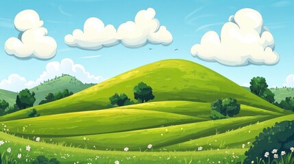 Fototapeta premium A Vibrant Green Landscape with Rolling Hills and Puffy Clouds