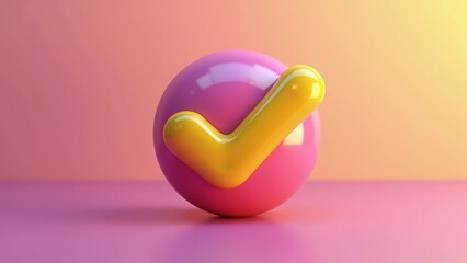 A glossy pink sphere features a bright yellow checkmark, set against a smooth pastel gradient background. Spherical design evokes positivity and achievement with playful colors.