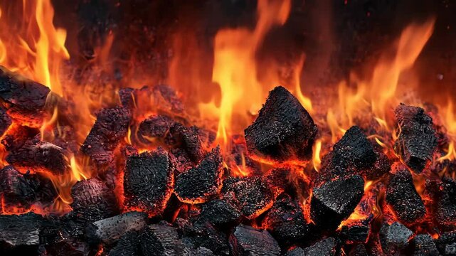 Hot coals glow brightly as flames dance above them