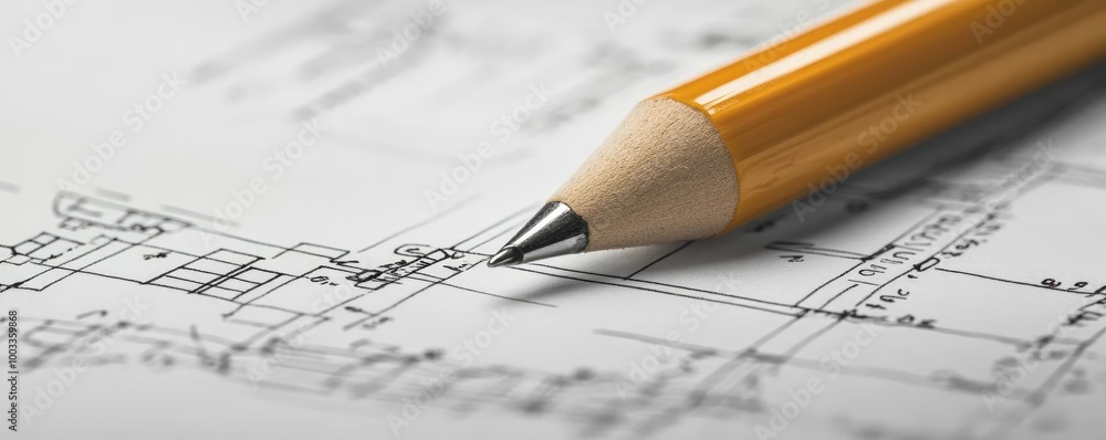Poster close-up of a pencil resting on architectural blueprints, symbolizing creativity and planning in des
