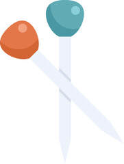 Two sharp sewing pins with plastic heads are crossing each other diagonally on a white background