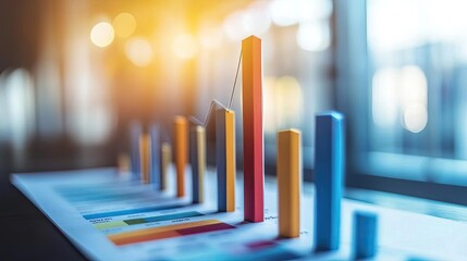 Obraz premium Colorful bar graph showcasing growth trends, illustrating data analysis and business performance in a modern workspace.
