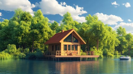 Fototapeta premium Wooden Cabin on Stilts Overlooking a Tranquil Lake