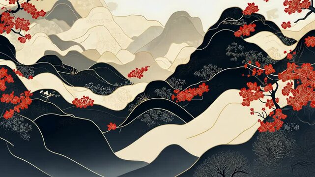 A stylized illustration of a Japanese landscape with rolling hills and blooming cherry blossoms