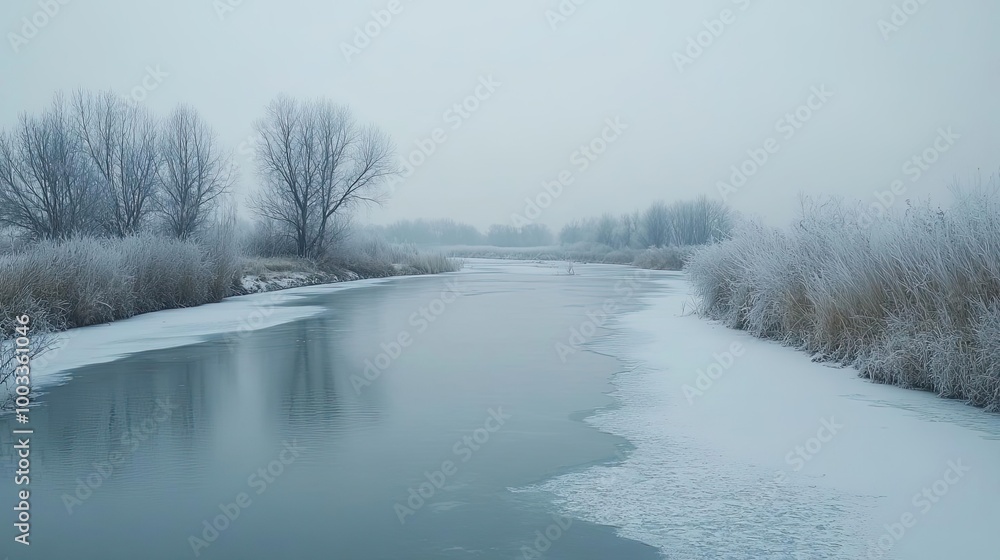 Aufkleber A serene winter scene featuring a frozen river surrounded by frosty trees and soft mist, creating a tranquil atmosphere.