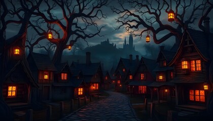 Fototapeta premium Haunted Halloween Party Scene Full Moon Abandoned House and Eerie Pumpkins