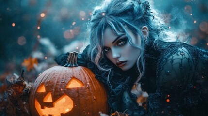 Dark Gothic Halloween Aesthetic with Pumpkins and Mysterious Girl
