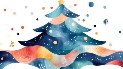 An isolated clipart design of a bohemian-inspired Christmas tree skirt, showcasing flowing geometric shapes and gentle watercolor tones, ideal for adding a whimsical touch to holiday decorations 