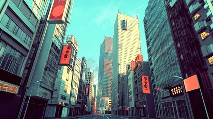 A City Street with Tall Buildings and Red Signs