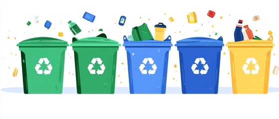 Different colored recycle  bins in a blue, green, yellow, and red palette against a white background